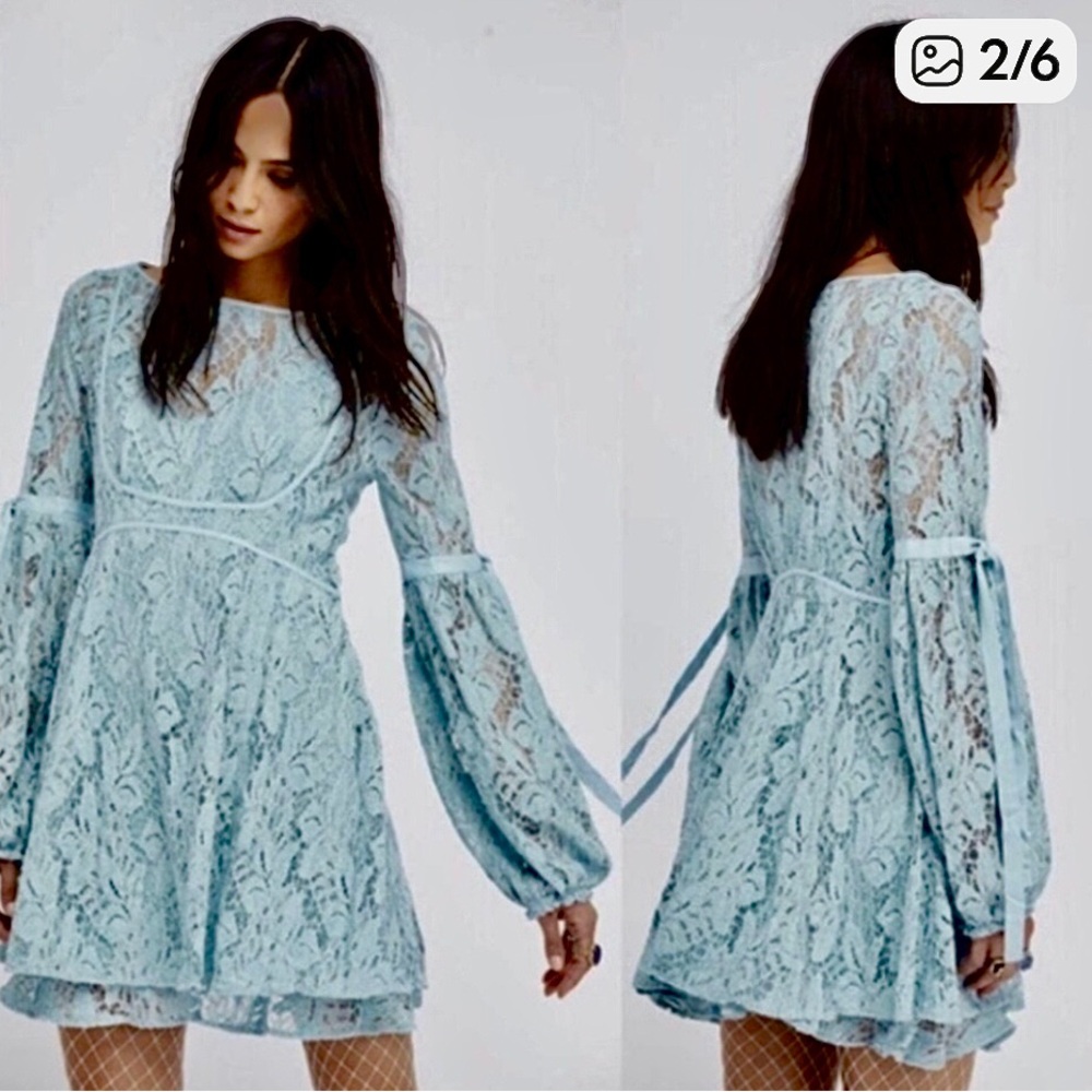 Free People Light Blue Lace Long-Sleeve Mini Dress